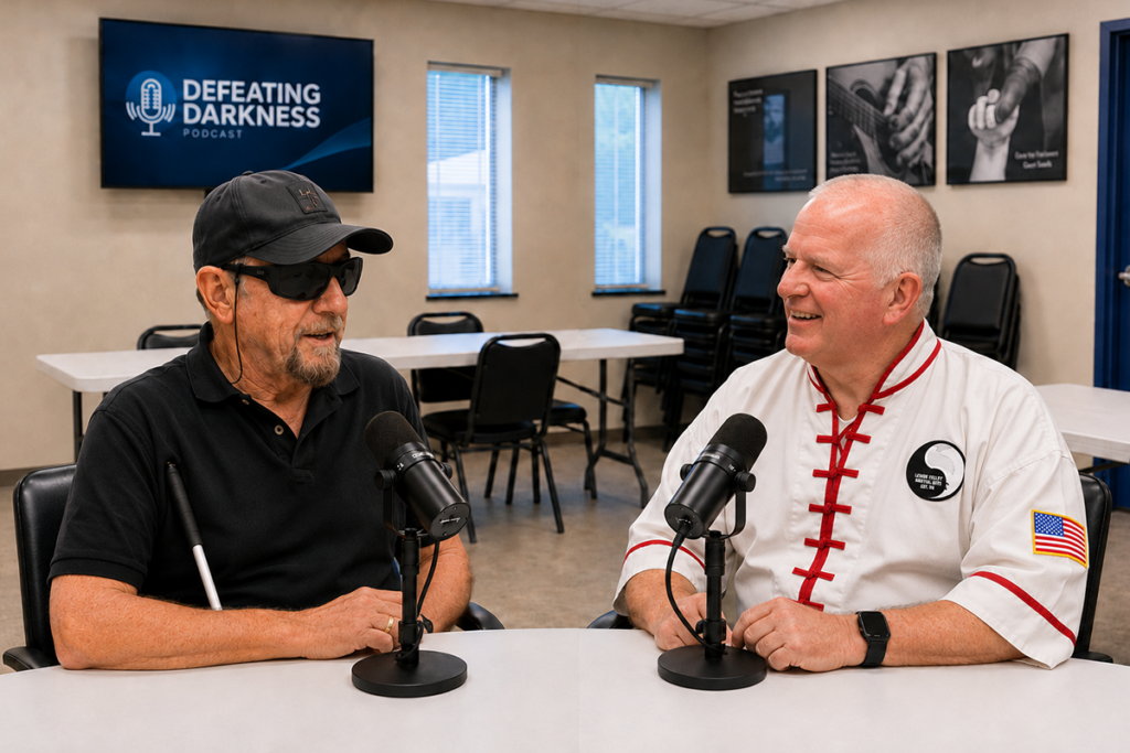 Promotional image of Defeating Darkness podcast host David Rimberg and co-host Paul Miller seated across from each other at a table with microphones.