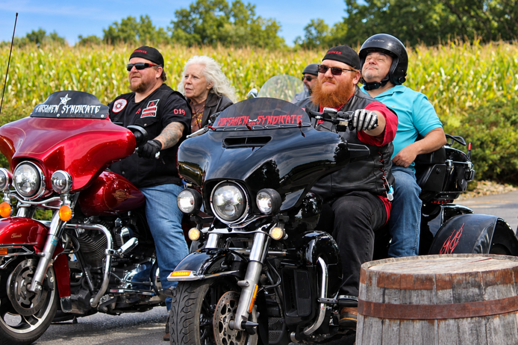 Two motorcyclists and their Sights for Hope client passengers riding on red and black touring motorcycles as the Bikers for Sight Ride concludes at Blue Ridge Estate Vineyard & Winery.