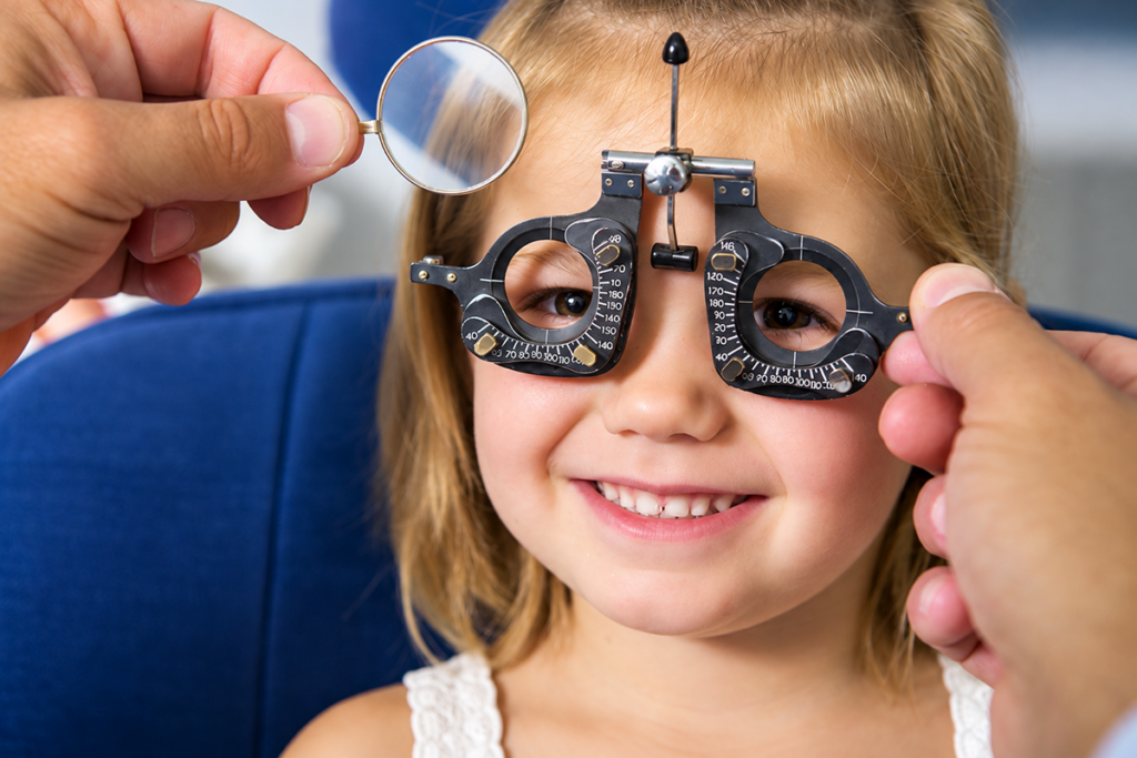 A young girl smiling while an eye care professional uses a trial frame and handheld lens to test her vision.