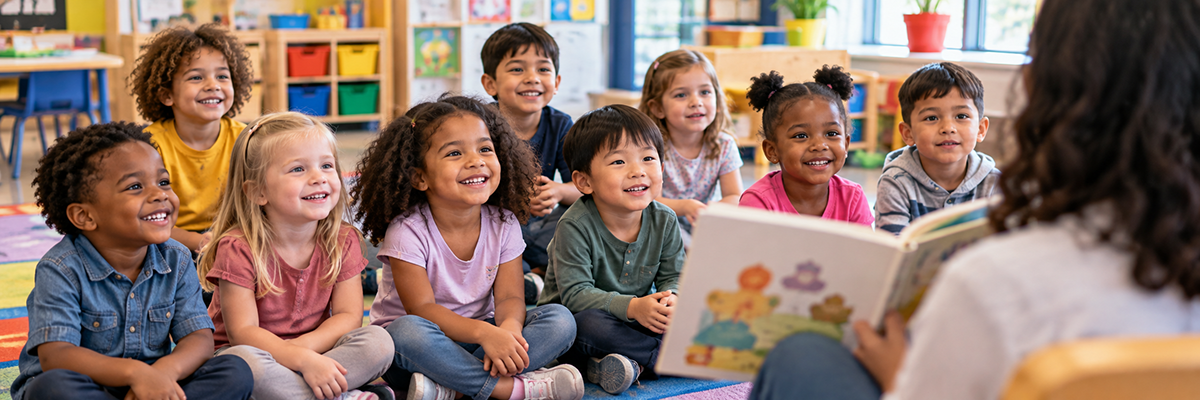 Promotional image of a diverse group of pre-kindergarten children sits together on a classroom rug, smiling and listening as an adult seen from behind, reads and shows them a picture book in a bright, colorful classroom.