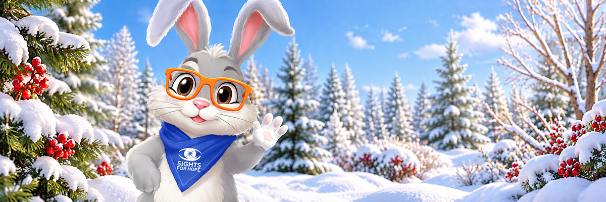 Illustration of C. Well Bunny, wearing orange glasses and a blue Sights for Hope bandana, waving in a bright, snowy winter landscape surrounded by snow-covered evergreens and red berries.