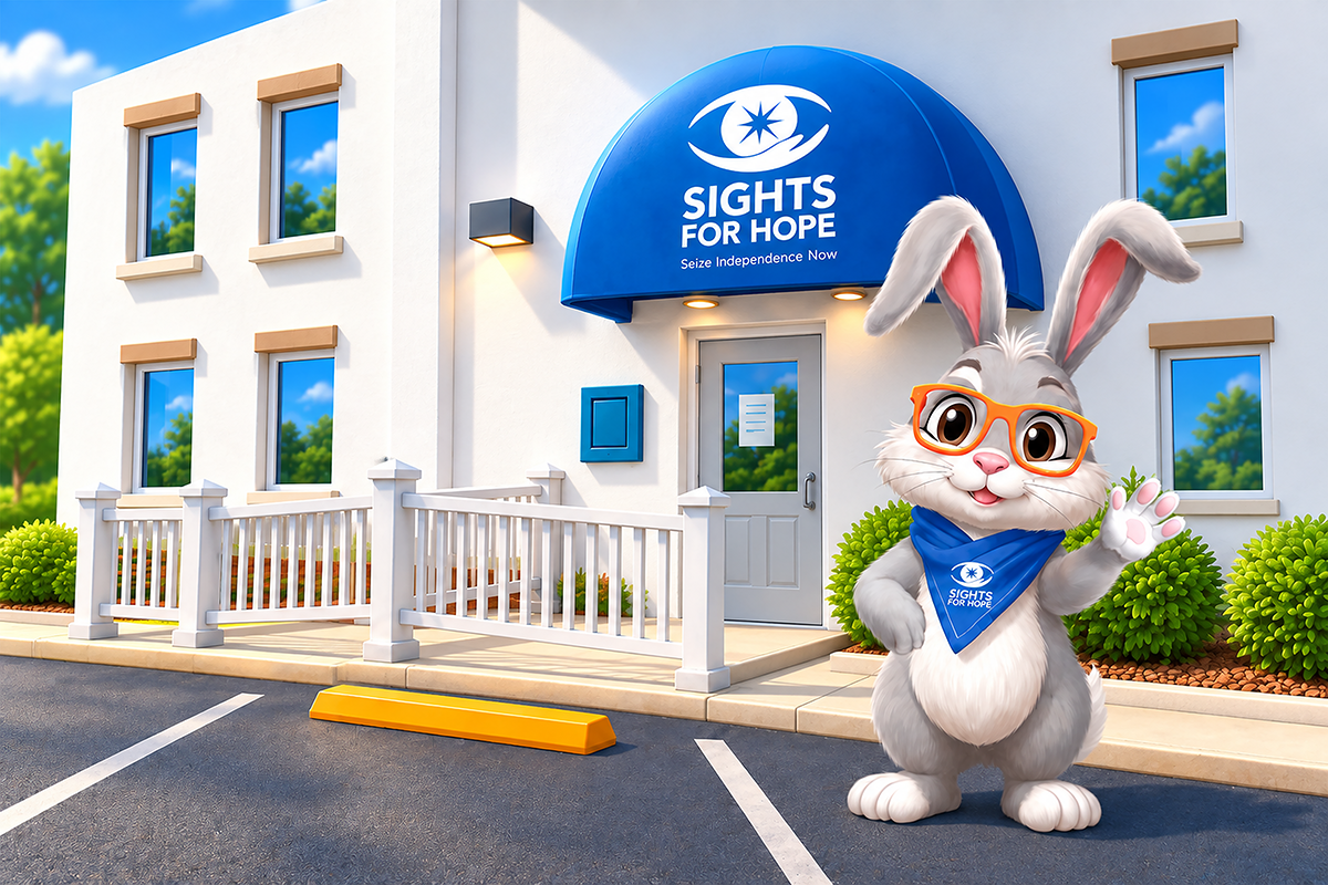 Illustration of C. Well Bunny, wearing orange glasses and a blue Sights for Hope bandana, waving outside the accessible entrance to Sights for Hope's Lehigh Valley Services Center. A blue awning with the Sights for Hope logo hangs above the entrance, with an accessible ramp leading to the doors.