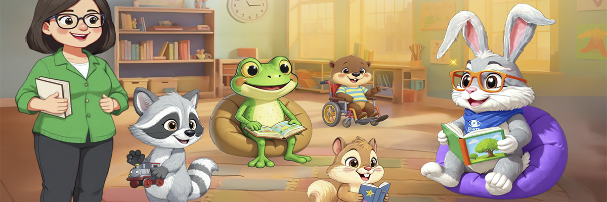Illustration from C. Well Sees Clearly showing C. Well Bunny wearing orange glasses and reading a book in a classroom with a teacher and four animal friends, including a raccoon holding a toy train, a frog reading, a squirrel holding a book, and an otter using a wheelchair.