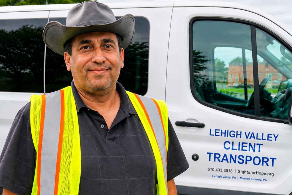 Promotional image of Jesus Ramirez, Sights for Hope’s Lehigh Valley Transport Coordinator, standing in a reflective safety vest and cowboy hat beside a white Lehigh Valley Client Transport van.
