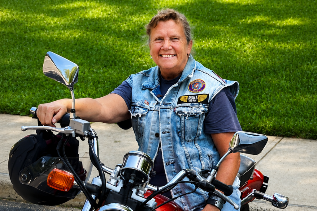 A woman smiling while sitting on a motorcycle in a park. The woman is Wendy Smentkowski, who inspired the Bikers for Sight Ride. She is wearing a denim vest with patches.