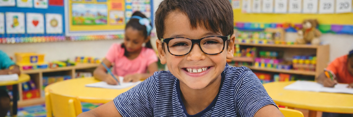 Promotional image of a smiling young boy wearing eyeglasses sits at a classroom table with other children working in the background.