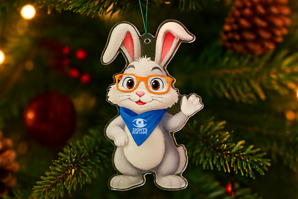 Promotional image of the C. Well Bunny ornament hanging from an evergreen branch, wearing orange glasses and a blue Sights for Hope bandana, against a softly lit holiday background with red ornaments and pinecones.