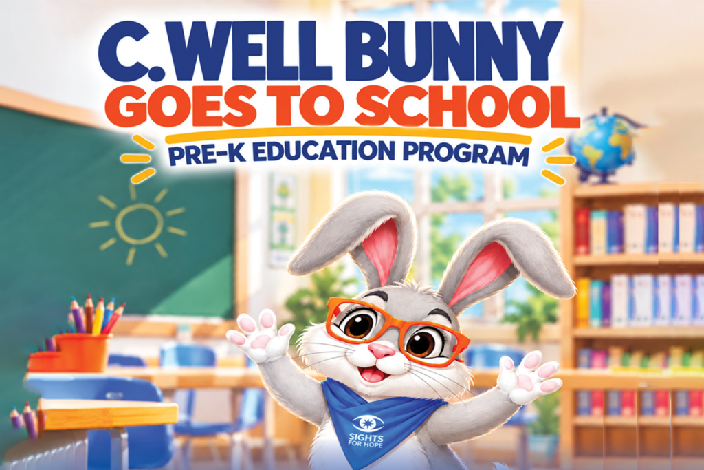 Promotional graphic for Sights for Hope’s C. Well Bunny Goes to School pre-K education program. C. Well, a smiling white cartoon bunny wearing orange glasses and a blue Sights for Hope bandana, waves in a colorful classroom.