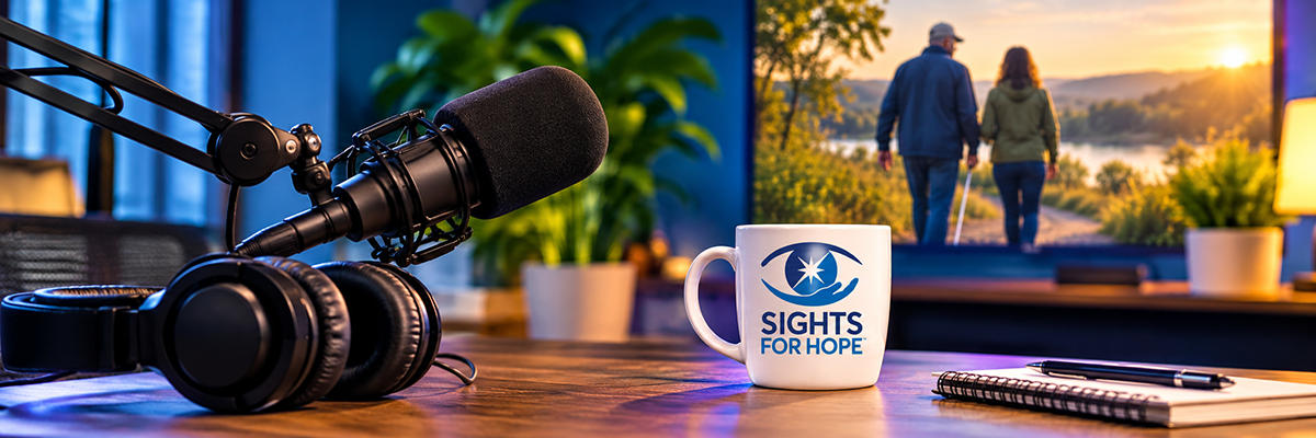 Promotional image of a podcast recording setup featuring a microphone, headphones, notebook, and Sights for Hope mug, with a background image of two people walking outdoors, including a person using a white cane.